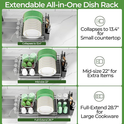 Large Dish Drying Rack, Expandable Dish Rack, Stainless Steel Anti-Rust Dish Racks for Kitchen Counter, Multifunctional Dish Drainer with Utensil Holder & Cup Holder, 13.4"-28.7" L x 11.8" W