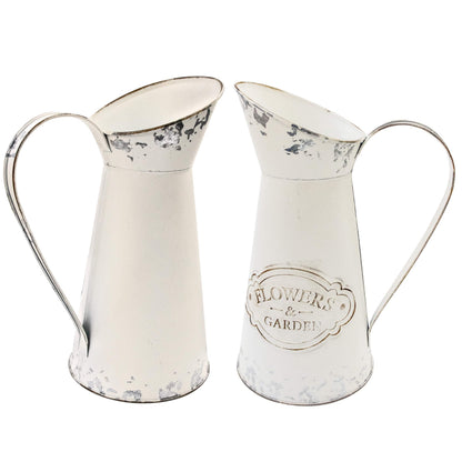 Soyizom Farmhouse White Metal Jugs for Shabby Chic Kitchen Decor, Tall Pitchers for Flowers, Rustic Bathroom Vases - Large, 11 H