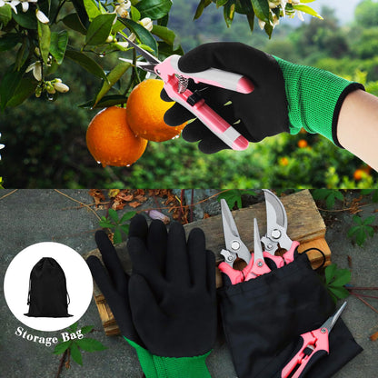 4 Packs Garden Pruning Shears Stainless Steel Blades Handheld Pruners Set with Gardening Gloves(Pink)