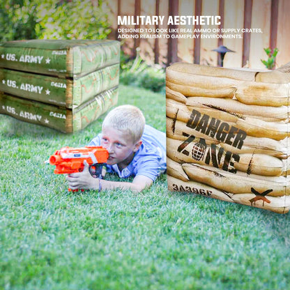 2-Piece Inflatable Combat Barricade Set — Includes 1 Army Box and 1 Sandbag for Laser Tag, Water Blaster, Dart Blaster, and Action Game Parties