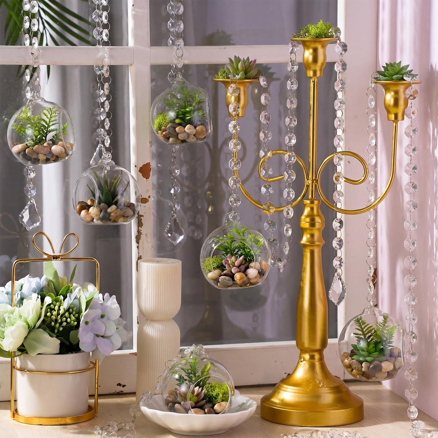 GlikCeil 56 Pcs 3.15'' Hanging Glass Tealight Holder with Clear K9 Crystal Garland Strands and Maple Leaf Pendants Globe Plant Terrariums Glass Orbs for Wedding Party Valentine Decoration