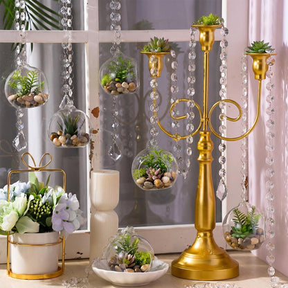 GlikCeil 112 Pcs 3.15'' Hanging Glass Tealight Holder with Clear K9 Crystal Garland Strands and Maple Leaf Pendants Globe Plant Terrariums Glass Orbs for Wedding Party Valentine Decoration