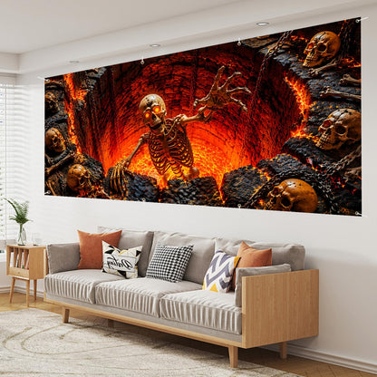 16x7 Ft Halloween Garage Door Banner Cover Decorations, Scary Skeleton Floating in Hell Fire Lava Backdrop, Large Creepy Skulls Outdoor Wall Mural Decor for Double Car Garage Door Holiday Party
