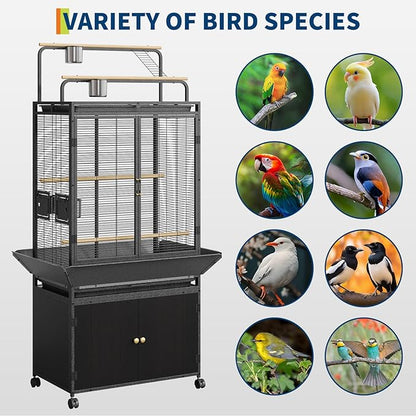 Garvee 71" H Rolling Bird Cage,Large Rolling Birdcage with Top Stand & Storage Cabinet,Black Walnut Wood Parakeet Cage for Macaw Parrot Cockatiel Budgie