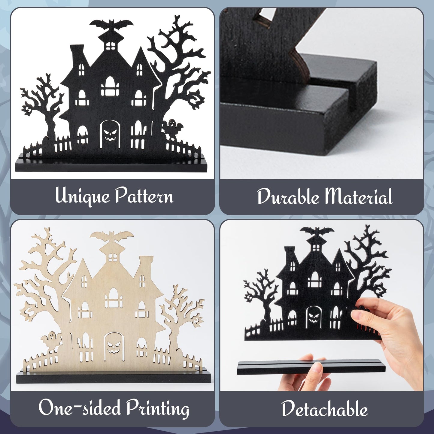 WATINC Halloween Wooden Centerpiece Decorations - 5Pcs Silhouette Haunted House Wood Tabletop Decor, Black Sketch Ghost Pumpkin Boo Detachable Tiered Tray Signs Tables Topper for Home Kitchen Party