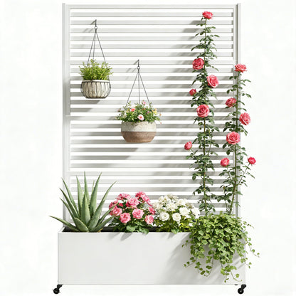 Sunnibety Metal Planter Box with Trellis Privacy Screen, Raised Garden Bed with Trellis & Wheels, Privacy Planters for Patio, Planter Box with Drainage Holes for Climbing Plants, 73"x 47"x 16", White