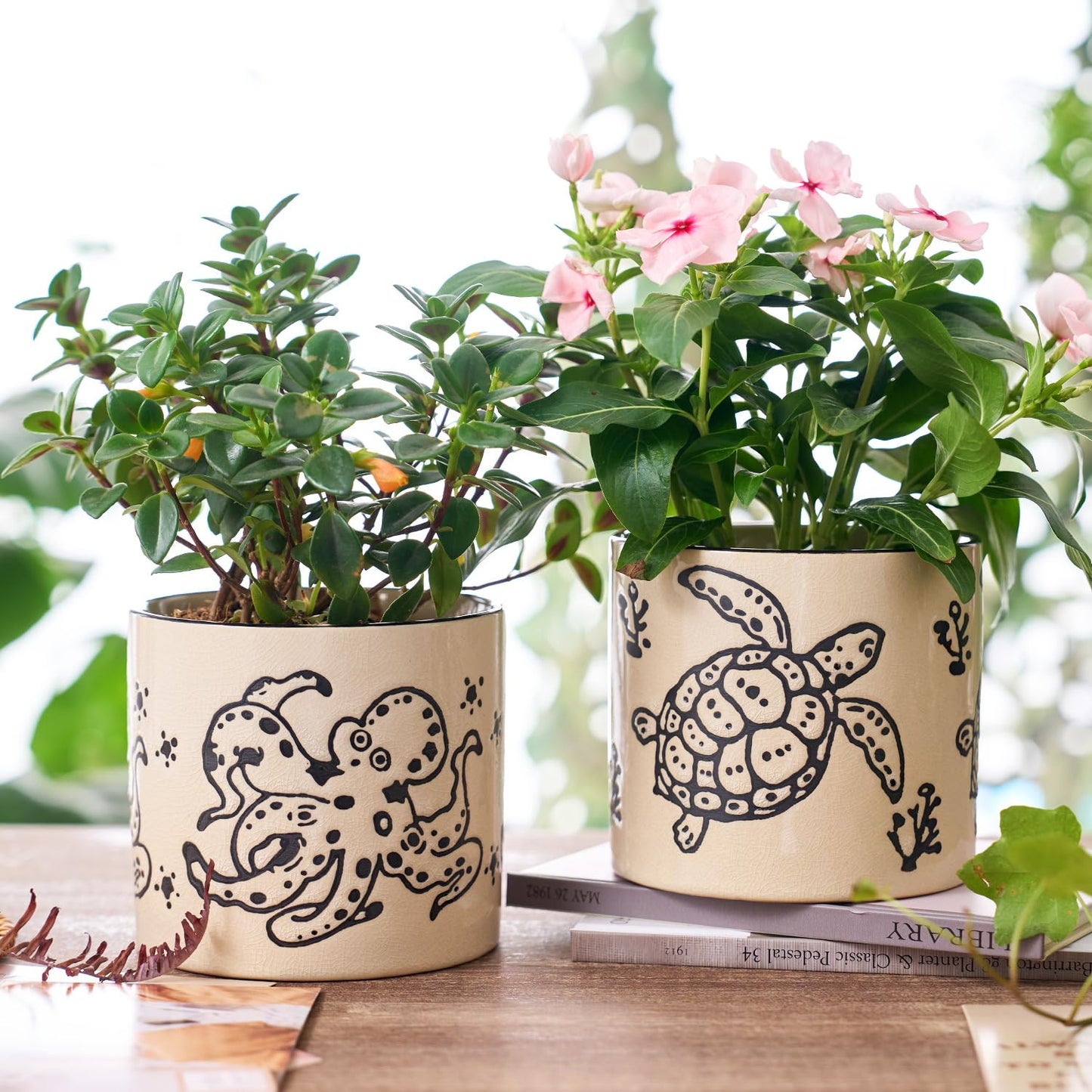 5 Inch Ceramic Plant Pots with Drainage Holes, Small Round Flower Pots for Indoor Plant, Unique Animal Flower Planters (Sea Turtle)