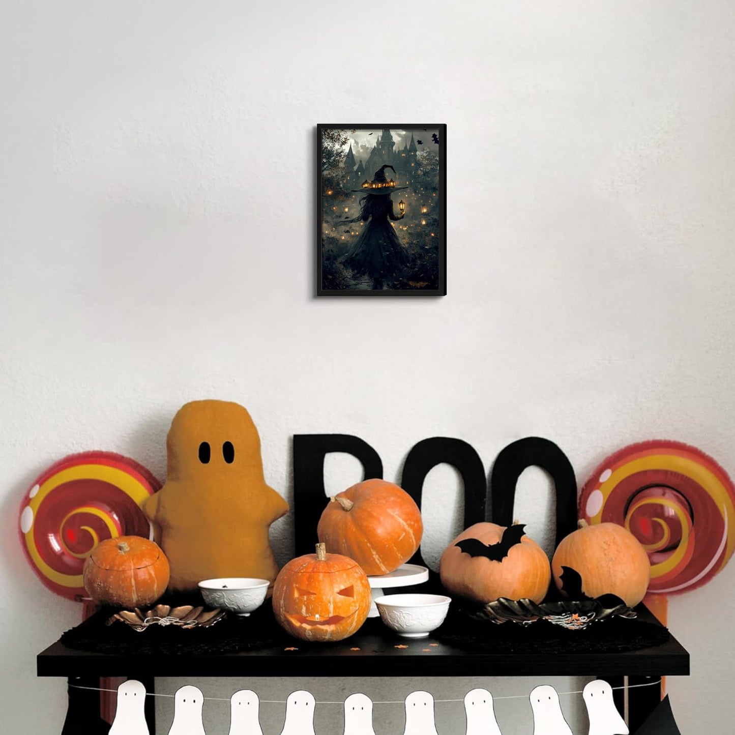 Dark Gothic Halloween Witch Canvas Wall Art, Witch Holding Lantern in Misty Forest Print, Mysterious Halloween Artwork, Whimsical Wall Decor for Living Room Bedroom Hallway, 8x10in, Black Frame