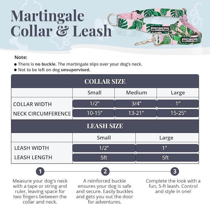 Lucky Love Dog Martingale Dog Collar & Leash - Adjustable, No-Slip, Durable, Comfortable, Soft Webbing, & Stylish Patterned Collar & Leash Set for Male and Female Dogs - Laguna Mart Combo, Medium