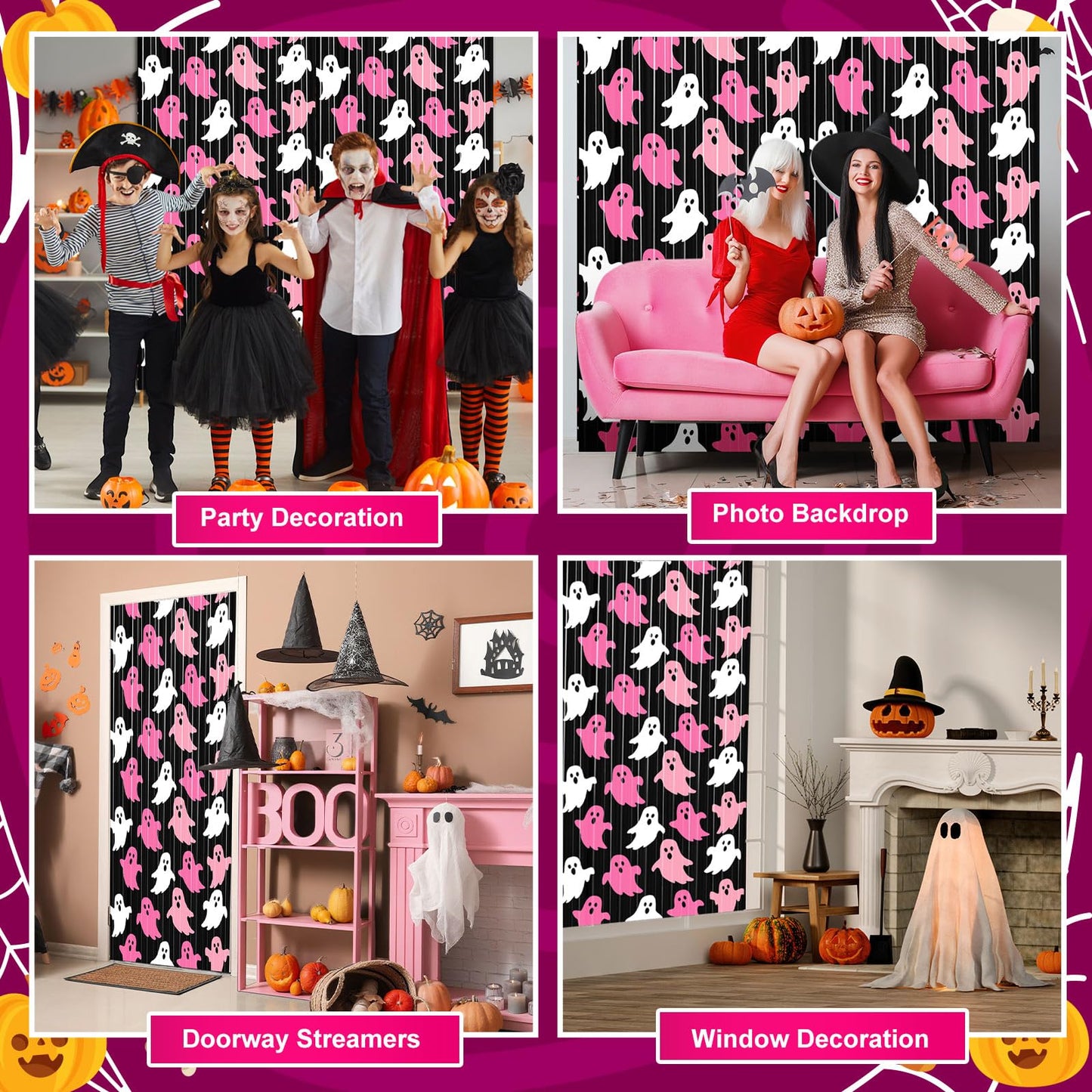 Suncalla 2 Pack Pink Ghost Halloween Party Decorations Halloween Metallic Foil Fringe Curtain 3.3 x 6.6 ft Photo Booth Prop Backdrop Streamers for Night Party Supplies Pink and Black Birthday Decor