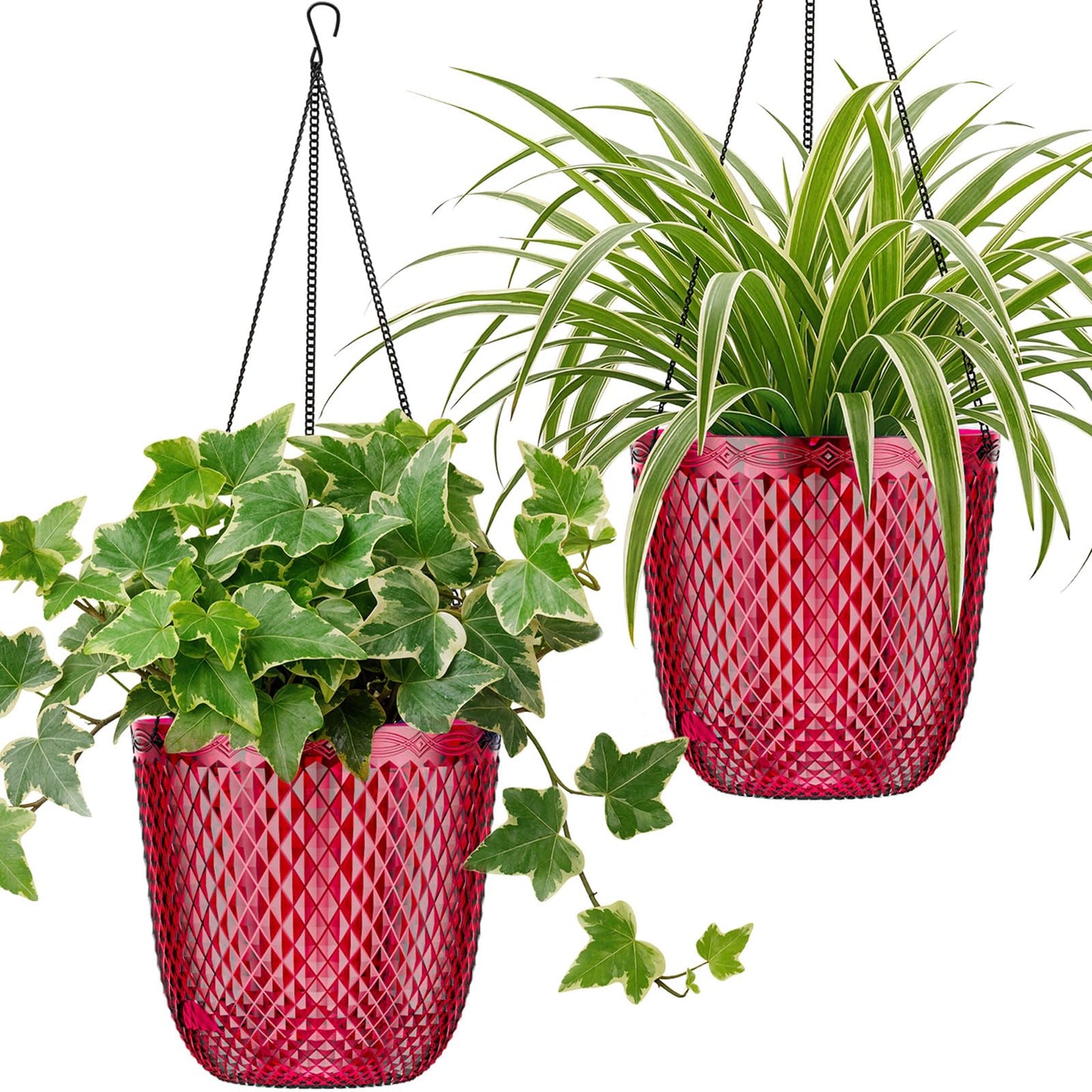 QCQHDU Hanging Planters for Indoor Plants, 2-Pack 7.2 Inch Self Watering Hanging Pots, Plastic Plant Hanger with Drainage Holes and 3 Hooks Chains for Garden Home (Red)