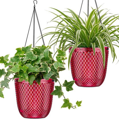 QCQHDU Hanging Planters for Indoor Plants, 2-Pack 7.2 Inch Self Watering Hanging Pots, Plastic Plant Hanger with Drainage Holes and 3 Hooks Chains for Garden Home (Red)