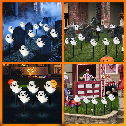 VOGVOG Solar Halloween Ghost Pathway Lights, 10 Pack 3D Lighted Outdoor Stake Decorations, Waterproof LED Yard and Garden Lights for Halloween Pathway, Lawn, Patio, and Holiday Decor (10-Ghosts-Cold)