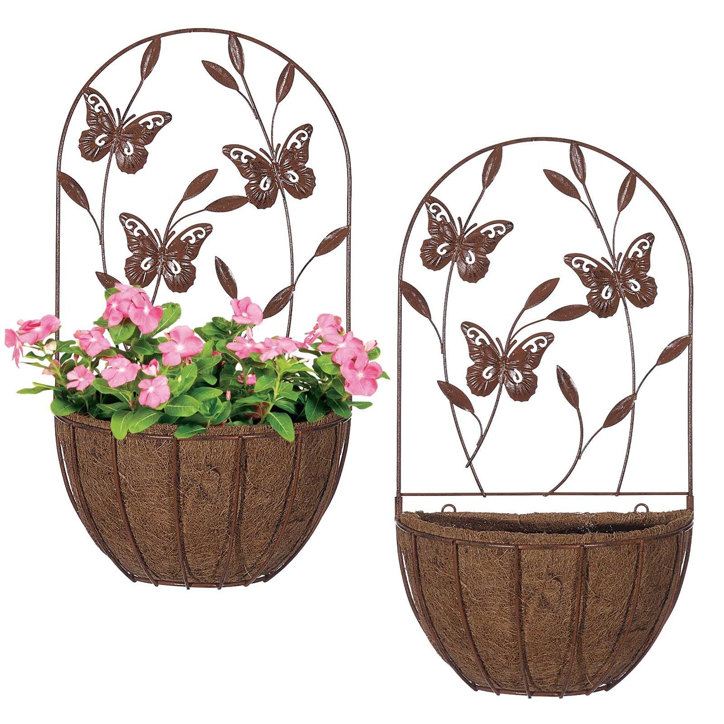BAYN 2PKs Wall Hanging Planter Decor Art with Flower, Metal Wall Mounted Planters Indoor Outdoor Wall Planter for Succulent Herb Home Garden Yard