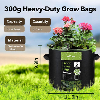 BN-LINK 5-Pack 5 Gallon Grow Bags, Heavy Duty Aeration Fabric Pots with Handles, Thickened Nonwoven Plant Bags for Vegetables, Flowers, Fruits