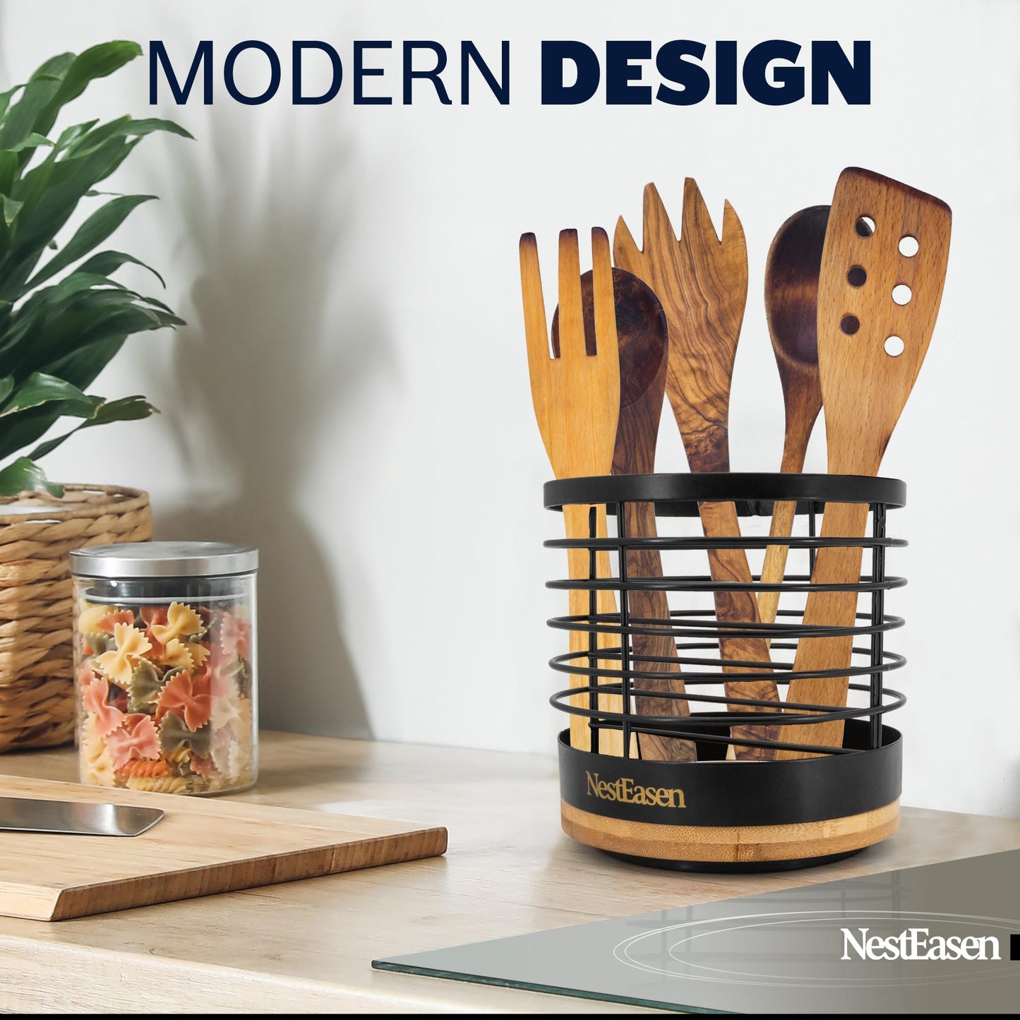 NestEasen Utensil Holder for Kitchen Counter - Rotating Utensil Holder for Countertop, Wooden Steel Spatula Holder Organizer, Large Decor Caddy for Kitchen Utensils and Cooking Spoon Container