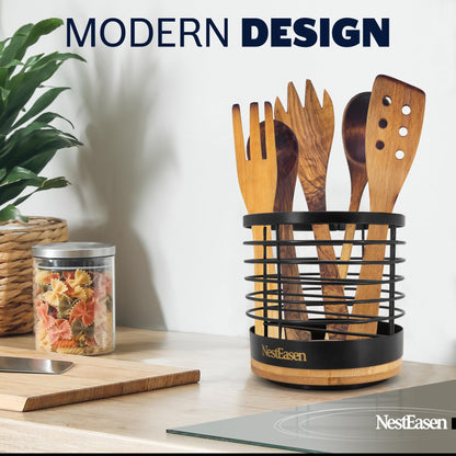 NestEasen Utensil Holder for Kitchen Counter - Rotating Utensil Holder for Countertop, Wooden Steel Spatula Holder Organizer, Large Decor Caddy for Kitchen Utensils and Cooking Spoon Container
