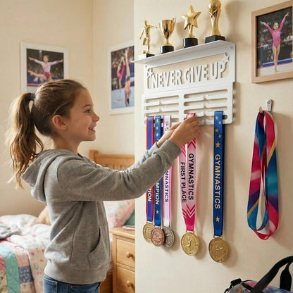 AGATHOS HOME White Medal Hanger Display with Shelf - Award Rack Trophy Shelf for Walls Holds 64+ Sports Medals - Never Give Up Wall Medal Holder for Gymnastics, Soccer, Marathon, Swimming, Soccer