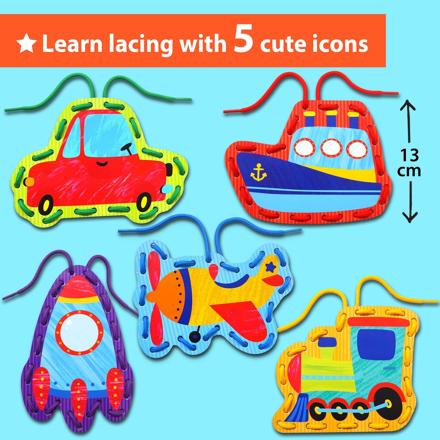 KRAFUN My First Lacing Cards Kit for Toddlers & Kids Age 3+, 5 Transport Vehicle Arts & Crafts Projects, Fine Motor Skills Toys, Beginner Activity Set with Car Rocket Train Plane Ship