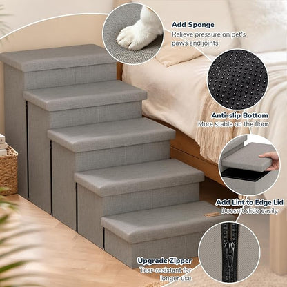 5-Step Wide Dog Stairs with Storage 23" H, Non-Slip Sturdy Pet Steps for High Bed Couch Window, Pet Stairs for Small/Medium/Large Old Dogs Cats Up to 260lbs, Cat Dog Steps for Car/SUV, Grey