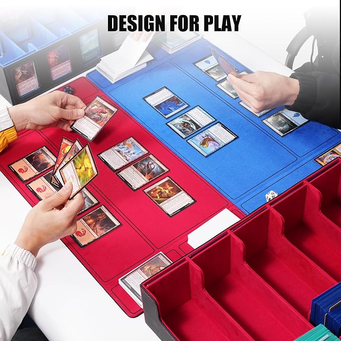 Trading Card Storage Box with Commander Display , 5-Row Deck Case with Removable Lid; 3900+ Card Deck Box for MTG TCG Sports Card, 5 Top Loaders, 5 Stoppers, 48 Dividers,1 Dice Tray (Black Red)