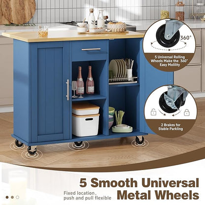 Shintenchi Kitchen Island with Storage, Bar Cart Cabinet Island Table on Wheels, Rolling Microwave Cart for Kitchen with Drop Leaf, Drawers, Towel Rack, Seating Area for Dining Room, Blue