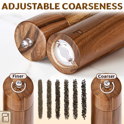 Premium Wooden Salt and Pepper Grinder Set - 28 g / 1 oz each, Acacia Solid Wood Mills - Refillable Coarse Grain Salt & Peppercorn Manual Twist Grinders - Modern or Rustic Home Table - by PJC-Kitchen