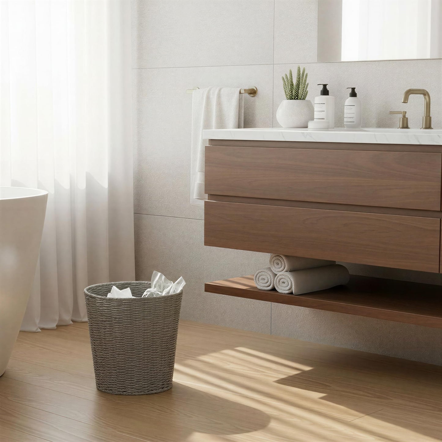 Household Essentials Woven Waste Basket, Gray Paper Rope Waste Bin for Bathroom, Bedroom, Office