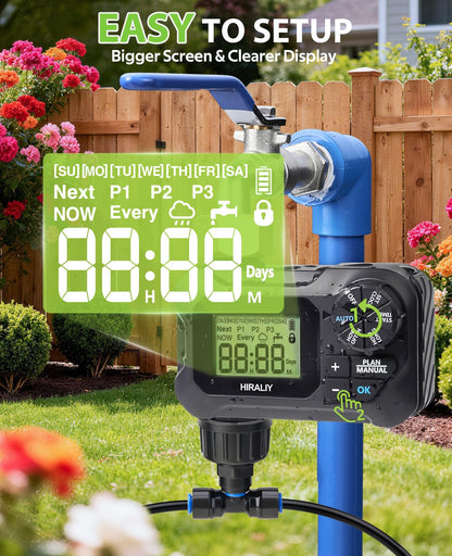 HIRALIY 100FT Pressure Compensated Drip Irrigation System with Timer, No-Leak Quick Connect Automatic Watering System, 24 Adjustable Emitters for Uniform Flow, Garden, Patio, Raised Bed