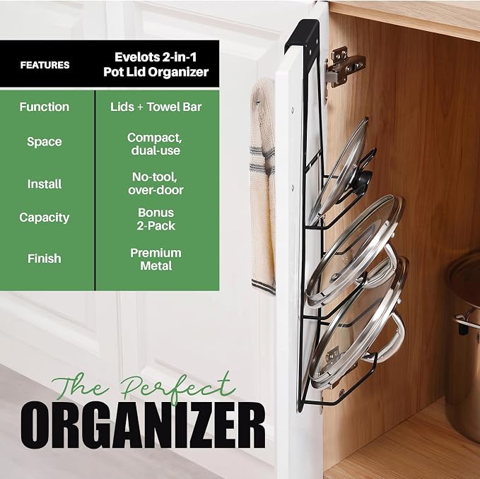 Evelots 2-in-1 Pot Lid Organizer with Towel Holder - 2 Pack, 3-Tier Cabinet Door Rack - Space-Saving Kitchen Organizer for Glass or Metal Pan Lids & Towels - Over the Door Design - Black