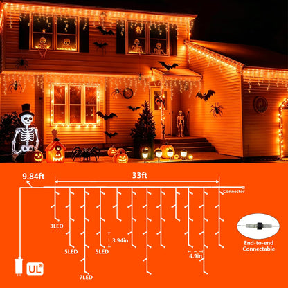 YEGUO 33ft 400 LED Orange Thanksgiving Lights, Connetable Icicle Light Outdoor Waterproof, 8 Modes Christmas Lights Indoor Plug in for Thanksgiving House Patio Fall