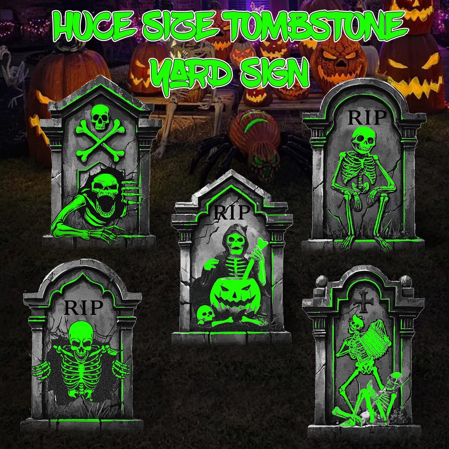 25.2in Halloween Tombstones Outdoor Decor Glow in The Dark - 5PCS Tombstones for Graves Halloween Gravestones Decorations, Spooky Halloweens Decorations Yard Signs for Graveyard Haunted House