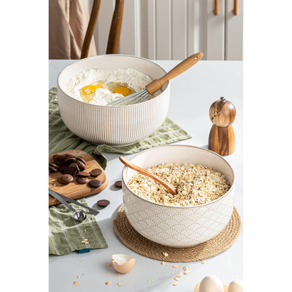 Mikiegy Ceramic Mixing Bowls Set of 2, Nesting Ceramic Embossment Stoneware Mixing Bowls for Cooking, Serving, Popcorn, Salad etc, Microwave & Dishwasher Safe, 98/145 oz, Off-White