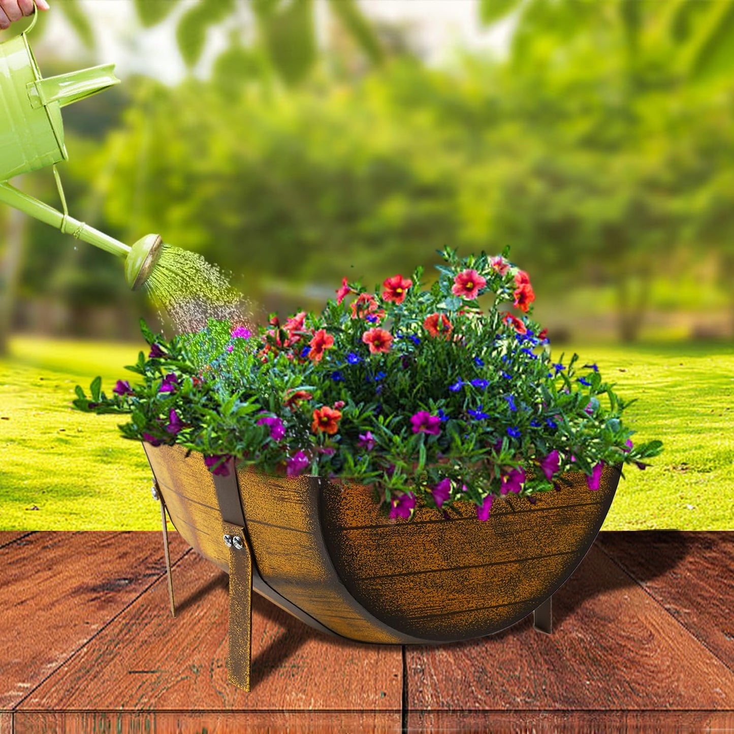 Aoutrow 15.43In 2 Pack Rustic Barrel Planters, Decorative Outdoor Garden Backyard Planter with Legs, Metal Flower Pot Half Barrel Planter Box, Brown