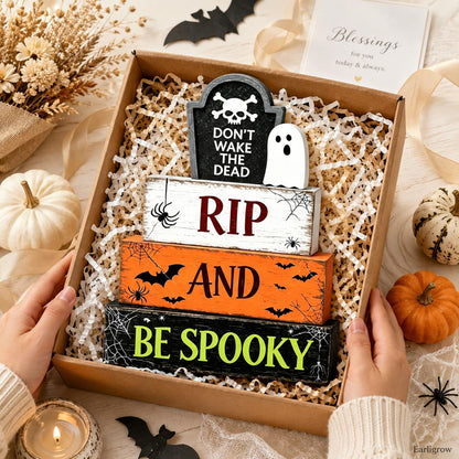 4 Pcs Halloween Table Decorations Ghost Tombstone Wooden Block Signs RIP and be Spooky Rustic Tiered Tray Decor Farmhouse Halloween Centerpiece with Bat for Home Kitchen Shelf Office Mantel