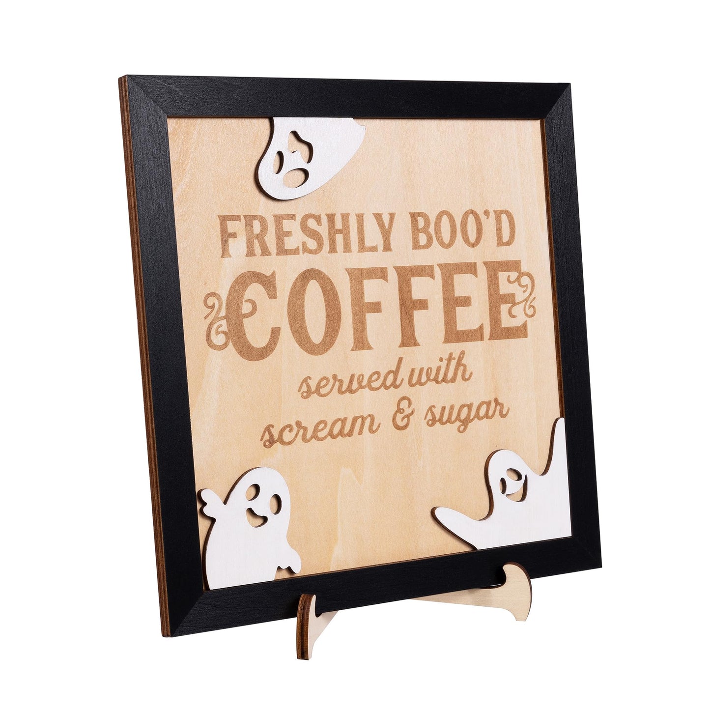 FRESHLY BOO’D COFFEE Halloween Signs with Stand, Funny Halloween Coffee Bar Decorations, Wooden Halloween Kitchen Decor Accessories, Cute Coffee Bar Wood Sign, Halloween Retro Home Decor Room Indoor Stuff