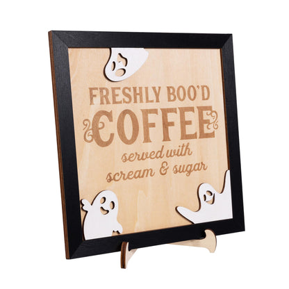 FRESHLY BOO’D COFFEE Halloween Signs with Stand, Funny Halloween Coffee Bar Decorations, Wooden Halloween Kitchen Decor Accessories, Cute Coffee Bar Wood Sign, Halloween Retro Home Decor Room Indoor Stuff
