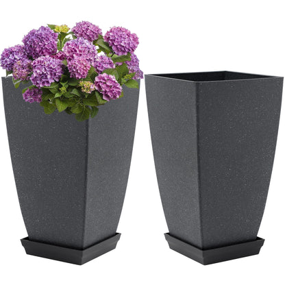 Neoaider Set of 2 Lightweight Ceramic-Look Tall Planter, 21 inch Large Plastic Planter with Drain Hole & Saucers, Large Outdoor Planters for Porch, Garden, Patio, Balcony(Dark Green)