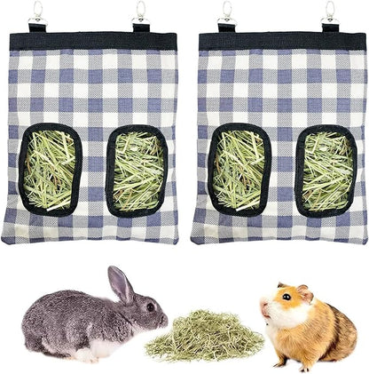 Rabbit Hay Feeder Bag, Large Capacity Rabbit Hay Bag Small Animal Hanging Hay Bag 600D Oxford Cloth Bunny Hay Feeder Bag for Rabbits Guinea Pigs Chinchillas (Plaid-2 Holes-2Pcs)