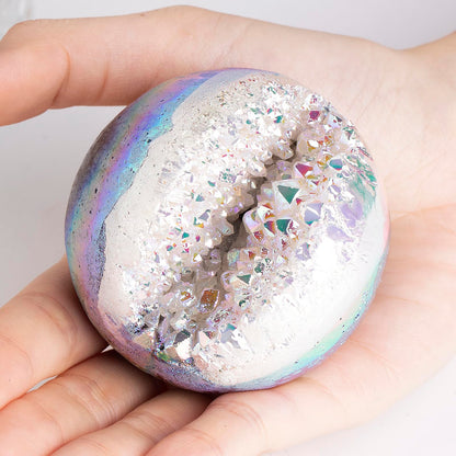 Sportmusies Titanium Coated Rock Crystal Geode Ball with Wooden Stand, Druzy Quartz Stone Cluster Sphere Reiki Home Office Decoration, Angel Aura