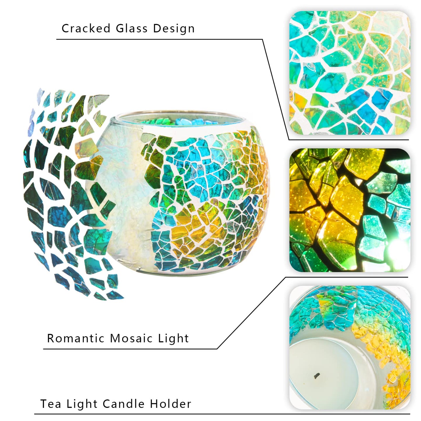Rancco Glass Votive Candle Holder for Tealight, Romantic Mosaic Cracked Candle Holder, Candle Lamp Aromatherapy Candlescape Bowl for Valentine's Thanksgiving, Christmas Table Centerpiece, Party Decor