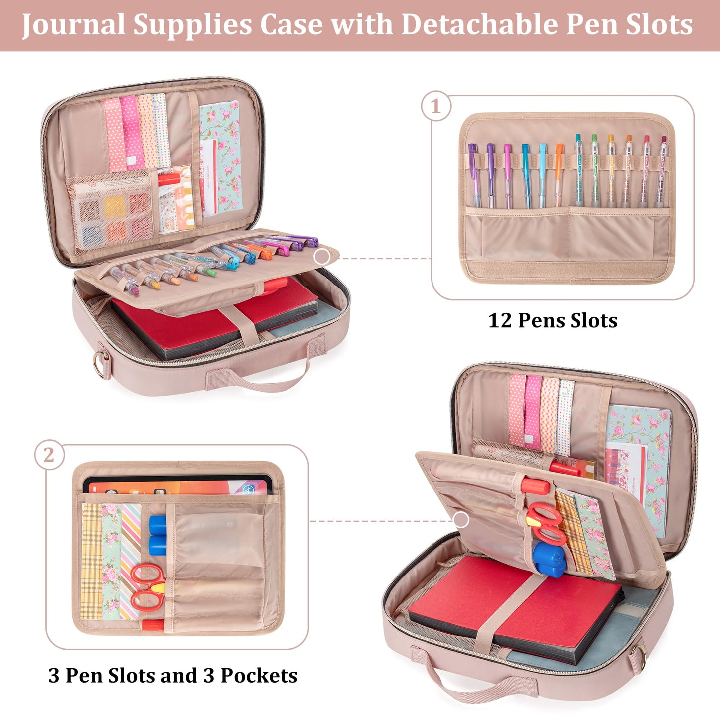 Teamoy Journal Supplies Storage Case, Journal Supplies Holder with Detachable Pen Slots, Travel Organizer Holder for B5 Notebooks, Planner, Pens, Journal Supplies and Accessories, Pink Quilted