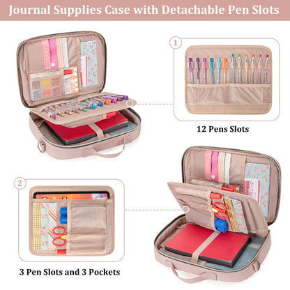 Teamoy Journal Supplies Storage Case, Journal Supplies Holder with Detachable Pen Slots, Travel Organizer Holder for B5 Notebooks, Planner, Pens, Journal Supplies and Accessories, Pink Quilted