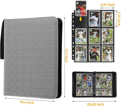 GERMUN 3 Ring 9 Pocket Zipper Card Binder, 720 Double Sided Standard PU Trading Card Album Folder for TCG & Sports Cards, Not Fit Top Loaders(Grey2)