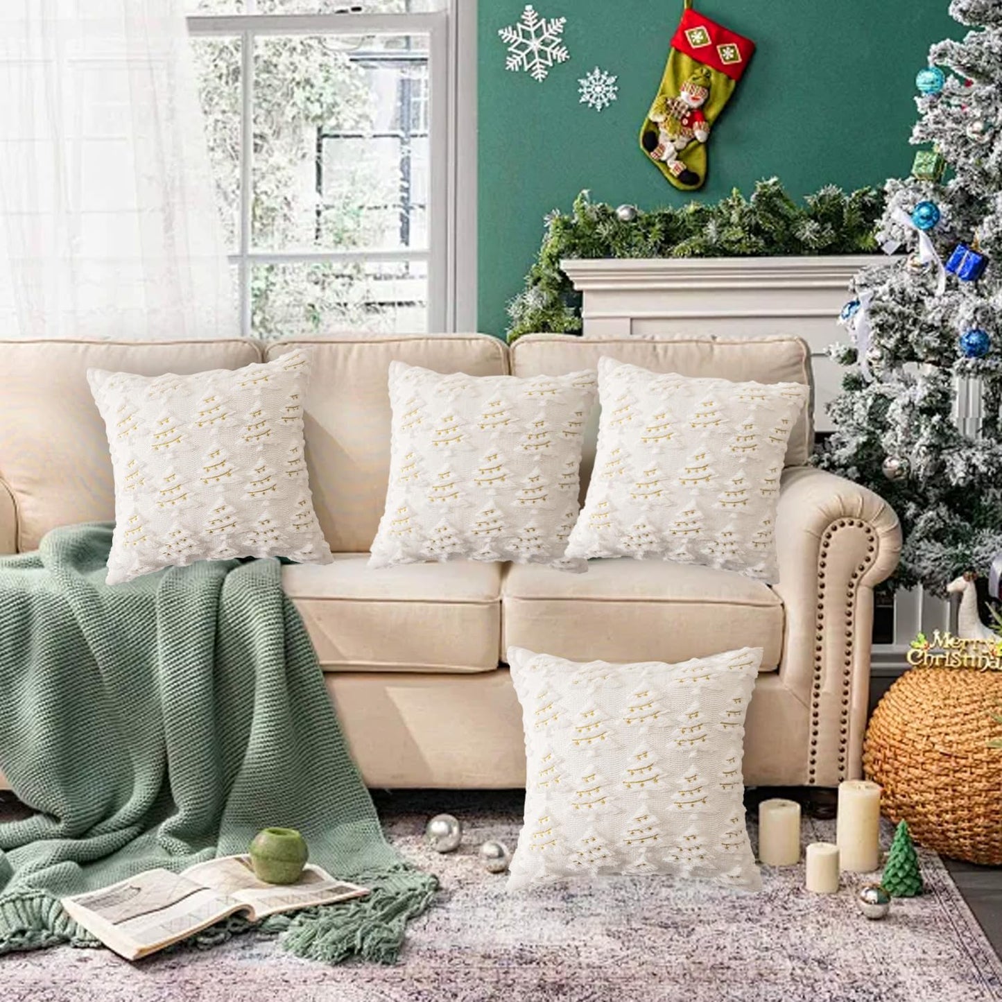 4 Pcs Christmas Throw Pillow Covers 18x18, Soft Faux Fur Pillow Cases Holiday Decorations, Fluffy Plush Accent Couch Cushion Case for Festivals Winter Sofa Living Room Home Decor(White Tree)