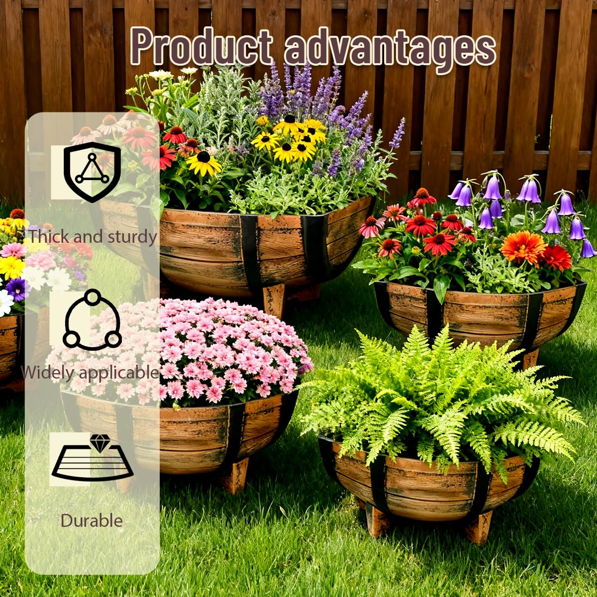 Whiskey Barrel Planter,Set of 6 Half Barrel Planters for Outdoor Plants with Removable Drain Screen,Weather Resistant Plastic Flower Pots for Indoor Outdoor Garden,Patio,Lawn,16.14x11.8x7.28 Inch