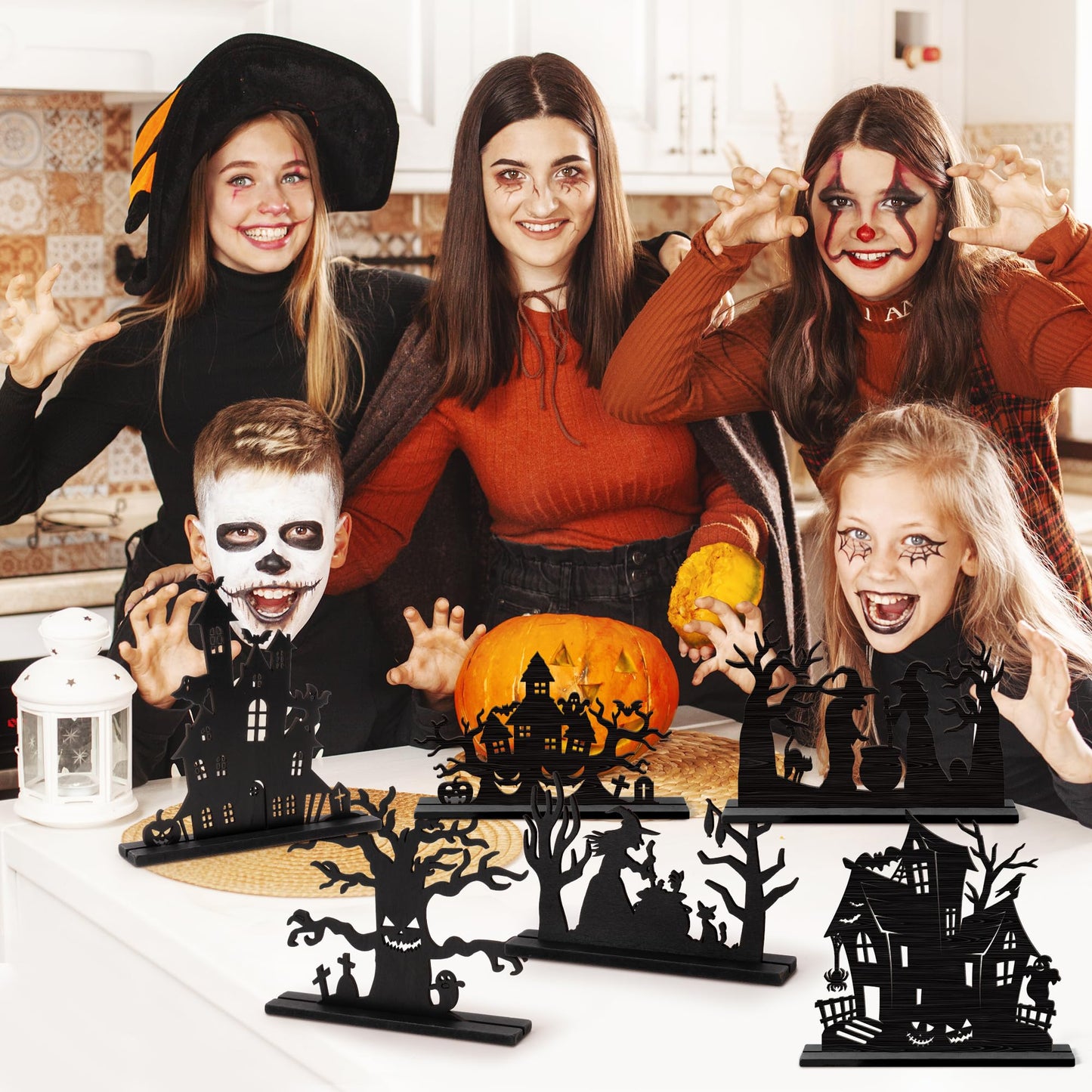 WATINC Halloween Wooden Centerpiece Decorations - Haunted House Witch Tree Silhouette Sketch Wood Tabletop Ornaments, Halloween Black Pumpkin Boo Desk Tiered Tray Decor for Home Kitchen Party
