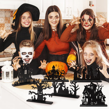 WATINC Halloween Wooden Centerpiece Decorations - Haunted House Witch Tree Silhouette Sketch Wood Tabletop Ornaments, Halloween Black Pumpkin Boo Desk Tiered Tray Decor for Home Kitchen Party