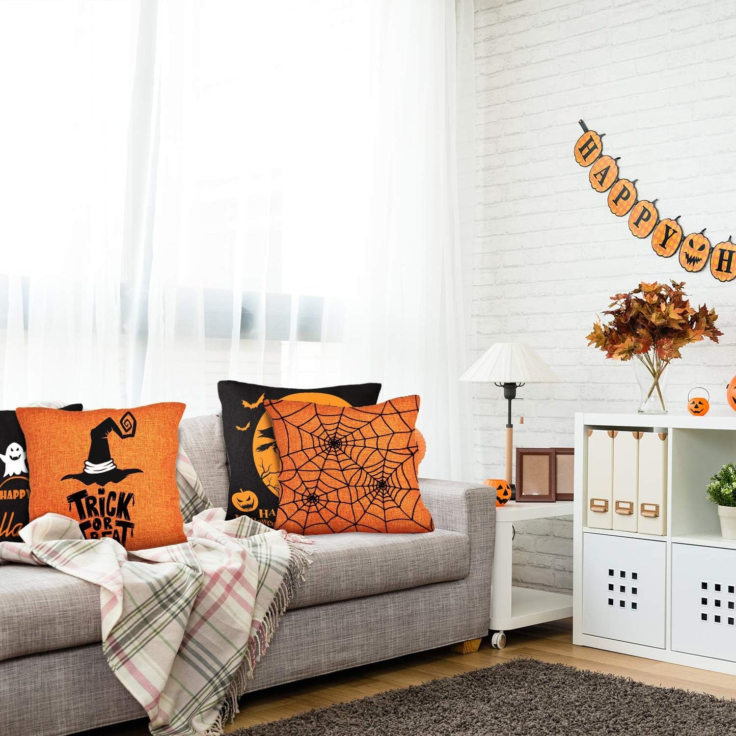Whaline Halloween Pillow Case Large Orange and Black Pillow Cover 20" x 20" Happy Halloween Spider Ghost Pumpkin Linen Sofa Bed Throw Cushion Cover Decoration for Home Office, 4pcs