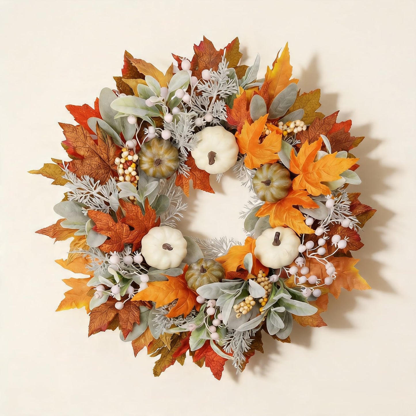 MAINGKAUNG Artificial Fall Wreath 22 Inch Fall Wreaths for Front Door with White Pumpkins Oeange Maple Leaves Lamb's Ear and Berries Autumn Wreath Thanksgiving Harvest Wreath for Festival Wall Porch